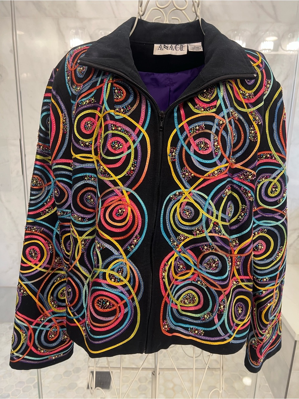 Anage Black Jacket with Vibrant Multicolor Spiral Embroidery.  Sz. L.  EUC